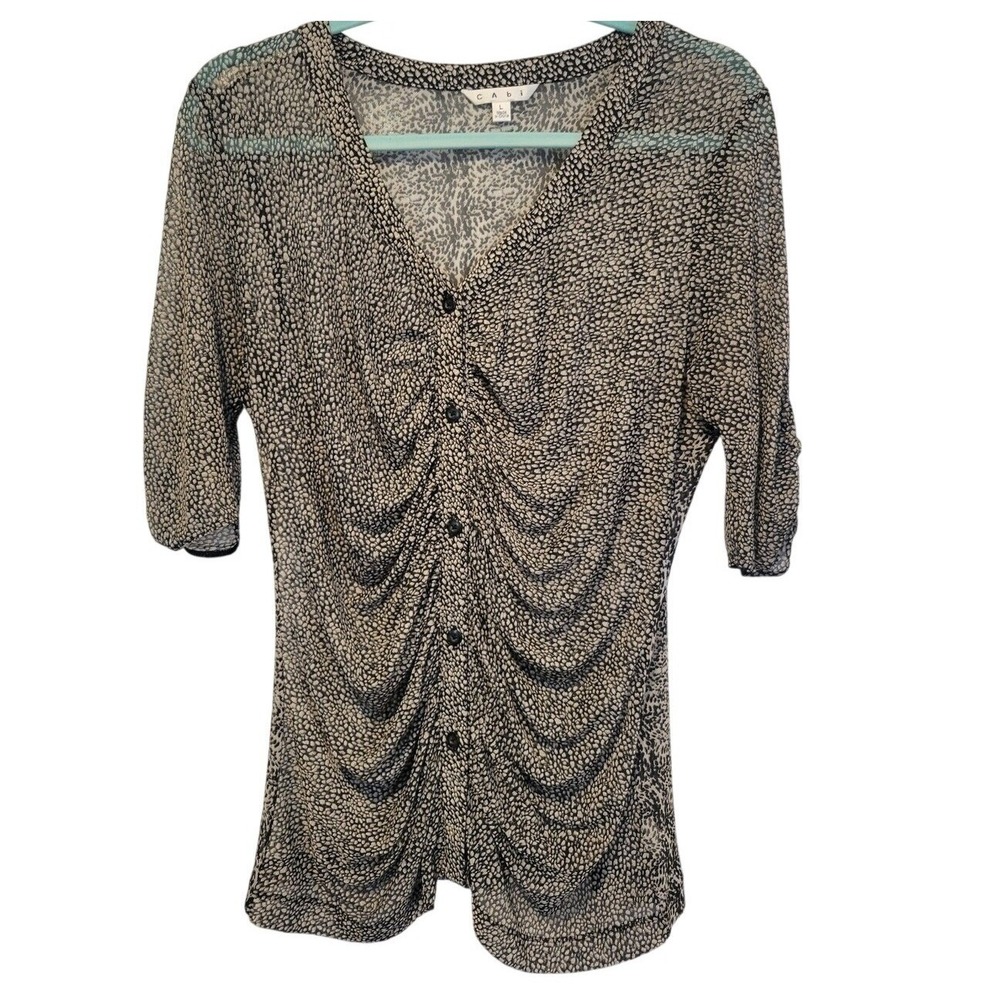 Cabi 241 Sheer Mesh Pebble‎ Print V-Neck Ruched Button Front Black White L Top